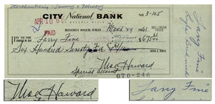Moe Howard Check Signed to Larry Fine -- Endorsed by Larry on Verso -- Dated 29 March 1961 With Note Merchandising-January & February -- Very Good Condition